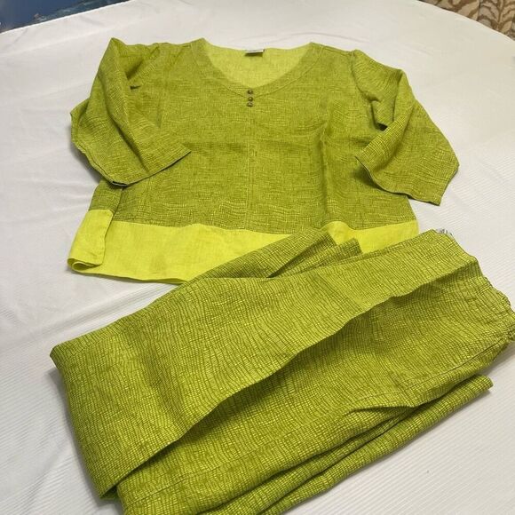 Click By Color Me Cotton Green Lagenlook Art To Wear Linen Pant Set Outfit Large - Picture 1 of 14